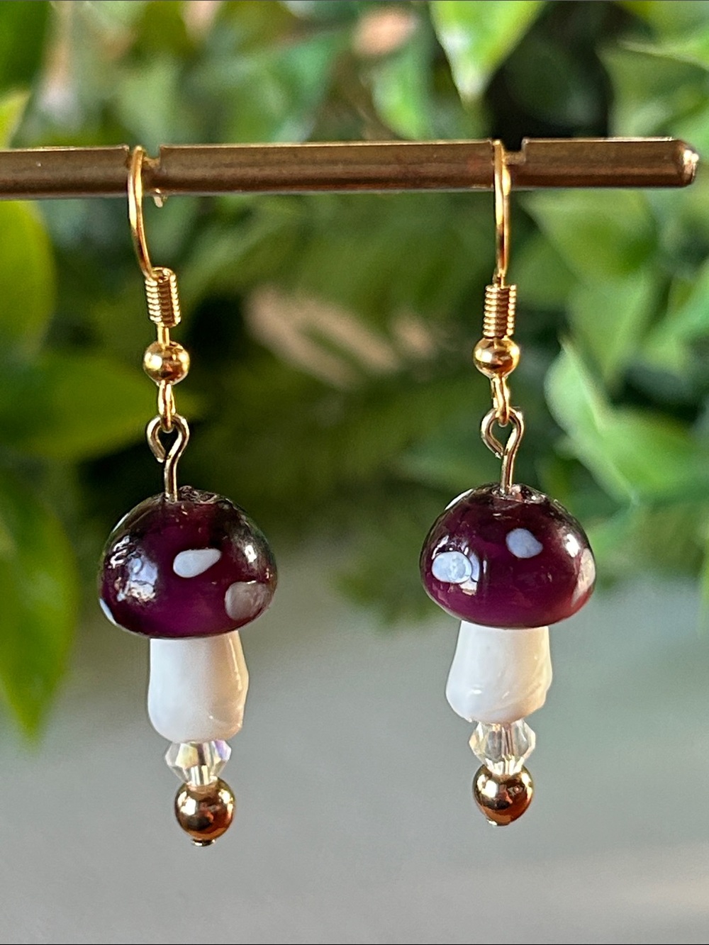 Handmade Purple Mushroom + Hematite Drop Earrings in gold 🍄